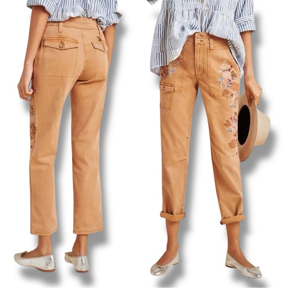 by Anthropologie Cargo Pant Wanderer Floral Embroidery Straight Leg Pockets 2/26 - Picture 1 of 12